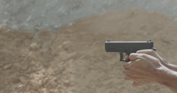 Pistol Shooting Bullets Slow Motion Footage Hand Guns Shooting Range — Stok video