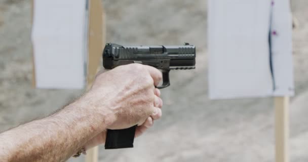 Pistol Shooting Bullets Slow Motion Footage Hand Guns Shooting Range — Stok video