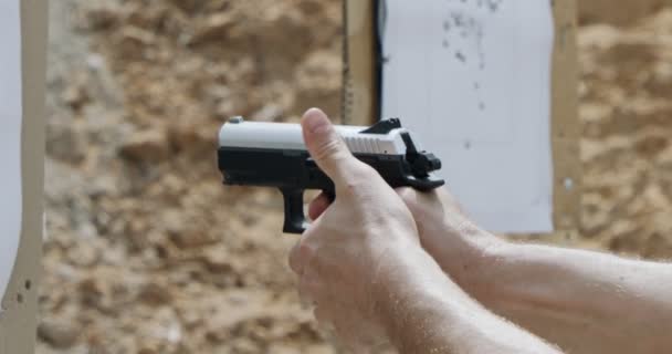 Pistol Shooting Bullets Slow Motion Footage Hand Guns Shooting Range — Stockvideo