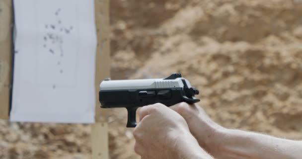 Pistol Shooting Bullets Slow Motion Footage Hand Guns Shooting Range — Stock video