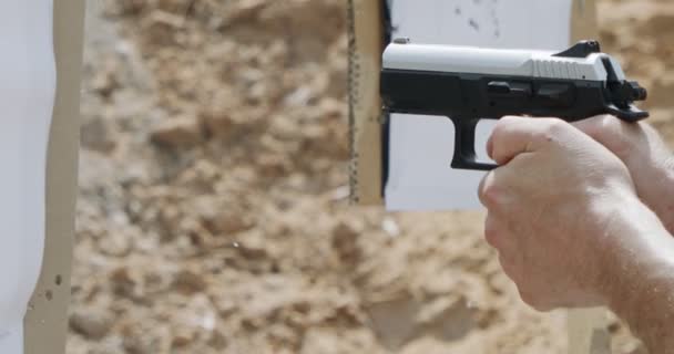 Pistol Shooting Bullets Slow Motion Footage Hand Guns Shooting Range — Stock video