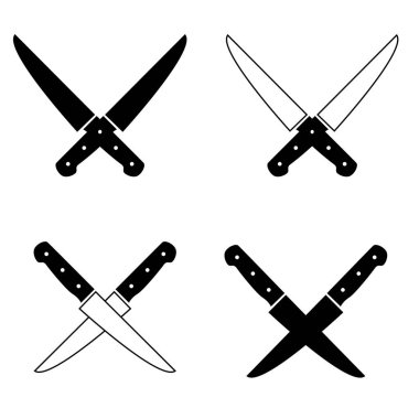 Beyaz arka planda çapraz bıçaklar. Bıçak ve şef imzası. Mutfak sembolü düz biçim.