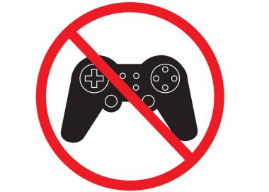 Beyaz arkaplanda oyun joystick simgesi. Oyun tabelası yok. Yasak sembol. Oyun yasaktır. düz biçim.