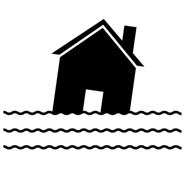 Beyaz arkaplanda tufan simgesi. Su basmış ev tabelası. Doğal afet sembolü. düz biçim.