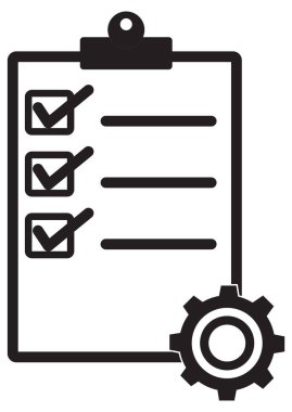 Beyaz arkaplanda dişli simgesi olan pano. Teknik destek listesi işareti. Proje yönetimi kavramı sembolü. düz biçim.
