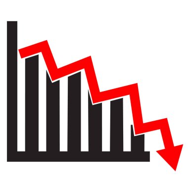 Beyaz arka planda regresyon gelir simgesi. Grafik işareti azaltır. Aşağı ok sembollü grafik. düz biçim.