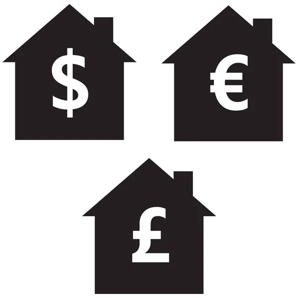 Case Con Dollaro Euro Sterlina Elemento Simbolo Immobiliare Stile Piatto — Vettoriale Stock