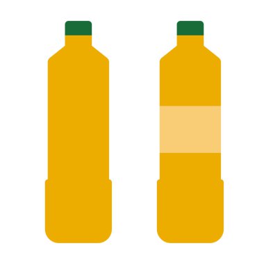 Beyaz arka planda bir şişe bitkisel yağ ikonu. Etiketli ya da etiketsiz ayçiçeği yağı şişeleri. Yemek malzemeleri imzası. düz biçim.