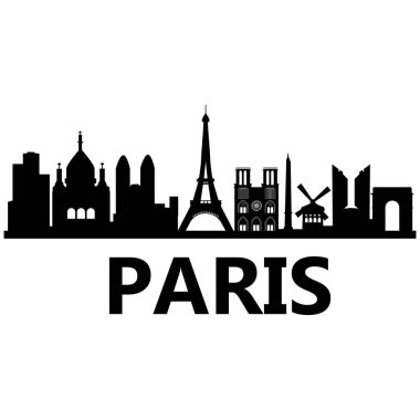 Beyaz arka planda Paris Fransa silueti. Fransa seyahat hedefi silueti. Paris şehir tabelası. düz biçim.