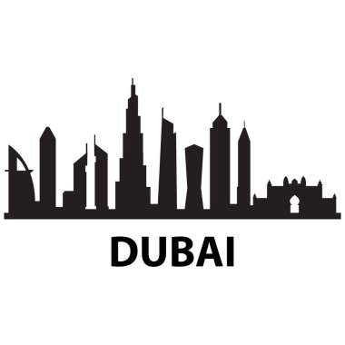Dubai silueti beyaz arka planda. Dubai şehri. Birleşik Arap Emirlikleri gökdelen binaları silueti. BAE Şehir Manzarası. düz biçim.