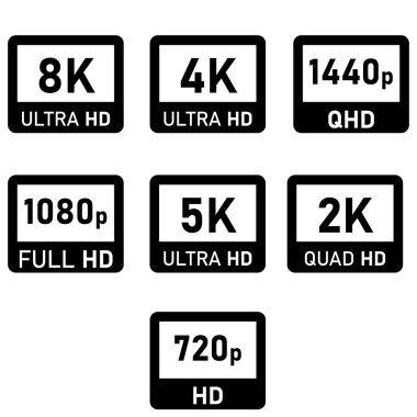 Beyaz arkaplanda video veya televizyon ekranı çözünürlüğü simgesi. Yüksek çözünürlüklü TV / Oyun ekranı etiketi işareti. düz biçim.