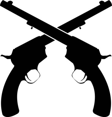 Beyaz arka planda çapraz tabanca ikonu. Klasik tabanca silueti. Batı silah işareti. düz biçim.