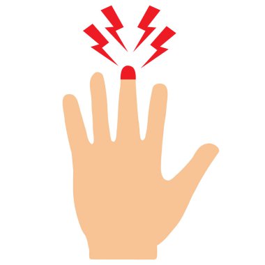 Beyaz arka planda parmak ağrısı ikonu. Vücut ağrısı kavramı. Yaralı parmak izi. Akut parmak ağrısı sembolü. düz biçim. 