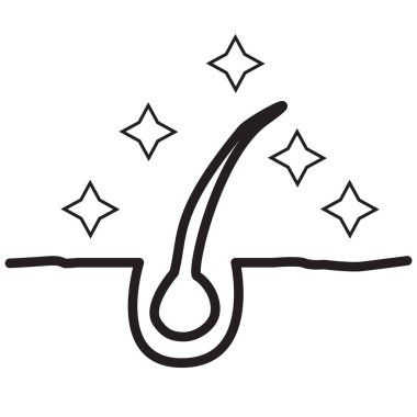 Beyaz arkaplanda folikül parlatıcısı simgesi. Keratin etkisi işareti ile parlayan saçlar. Parlak saç kökü sembolü. düz biçim.