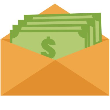 Beyaz arka planda para olan bir zarf. Sarı kağıt zarflar içinde dolar banknotları. Para konseptini gönder. Para ikonu. düz biçim.