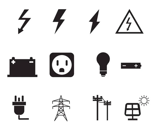 黑色电力图标设置在白色背景上 一组能量图标 电信号 扁平风格 — 图库矢量图片