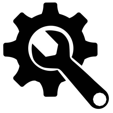 Beyaz arka planda çark ve ingiliz anahtarı simgesi. teçhizat ve anahtar işareti. Servis destek logosu. düz biçim.