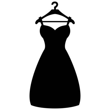 Beyaz arka planda askı simgesinde siyah elbise. Elbise yazısı. Kadın elbise sembolü. düz biçim.