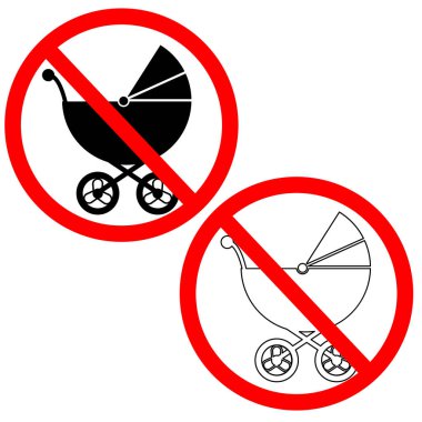 No pram sign on white background. Baby carriage not allowed sign. No strollers or pushchair symbol. flat style.