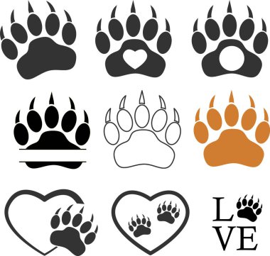 Ayı pençesi monogram ikonu. Evcil hayvan pençesi, kedi köpek adam imzası. Kalp sembollü evcil hayvan pençesi izi. düz biçim.