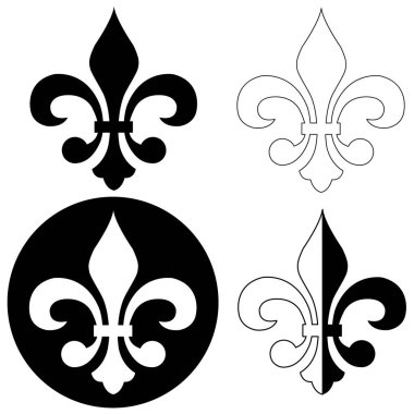 Beyaz arkaplanda fleur de lis heraldik simgesi. zambak çiçeğinin siyah siluetleri (fleur-de-lis). düz biçim.