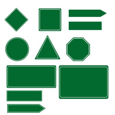 Beyaz arka planda yeşil yol işaretleri koleksiyonu. Yeşil yol işaretleri ayarlandı. düz biçim.