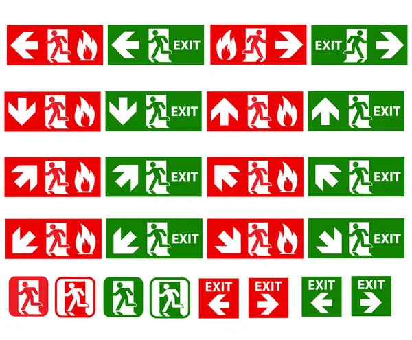 紧急消防出口门和出口门 消防出口标志 紧急出口图标 扁平风格 — 图库矢量图片