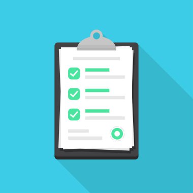 Düz dizaynlı kontrol listesi belgesi olan pano. Uzun gölge ile belge simgesini işaretle