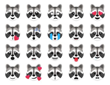 Rakun gülümseme ikonları koleksiyonu. Çizgi film rakun emoji seti. Vektör duygu simgesi ayarlandı