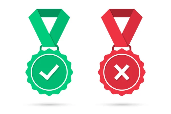 检查和交叉奖牌图标在平面设计 绿色的认可和红色的拒绝奖牌阴影 一套经认证的奖牌图标 矢量说明 — 图库照片