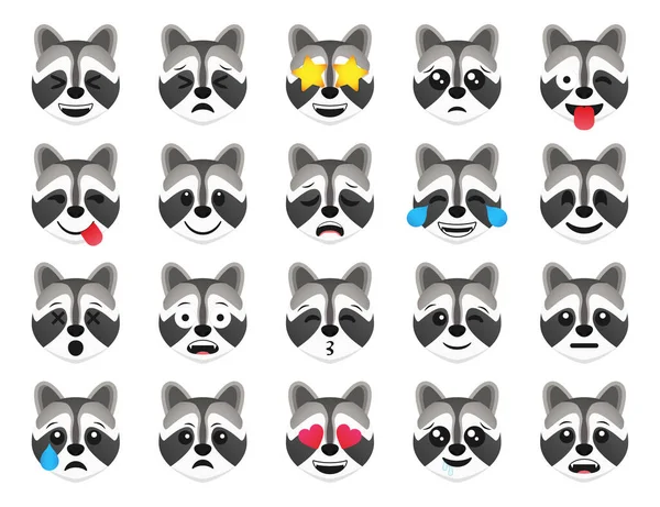 Racoon Emoticono Sonrisa Iconos Colección Conjunto Emoji Mapache Dibujos Animados —  Fotos de Stock