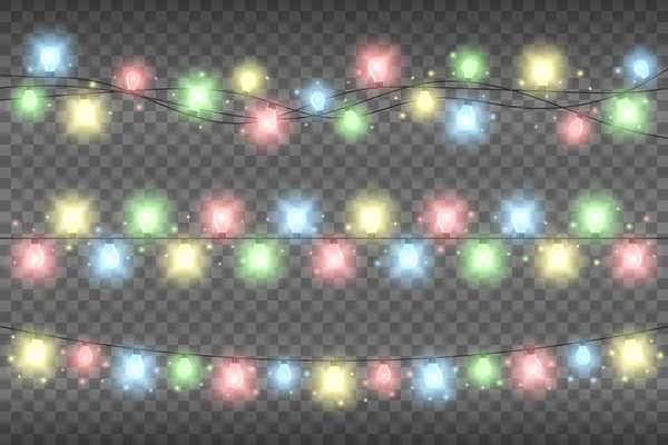 透明な背景にクリスマスの多色の現実的なガーランドライト キラキラ輝くガーランドライトの装飾 — ストック写真
