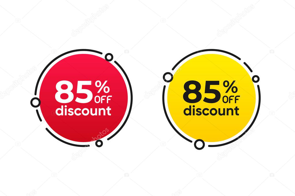 85 percentage circle discount tag icons collection. Set of red and yellow sale labels