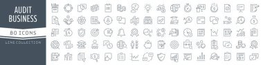 Denetim ve iş dünyası simgeleri koleksiyonu. Büyük UI simgesi düz dizayn edildi. İnce taslak simgeler paketi. Vektör illüstrasyonu EPS10