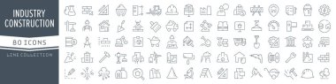 Endüstri ve inşaat çizgisi simgeleri koleksiyonu. Büyük UI simgesi düz dizayn edildi. İnce taslak simgeler paketi. Vektör illüstrasyonu EPS10