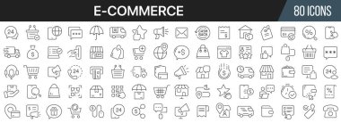 E-ticaret ve çevrimiçi alışveriş hattı ikonları koleksiyonu. Büyük UI simgesi düz dizayn edildi. İnce taslak simgeler paketi. Vektör illüstrasyonu EPS10