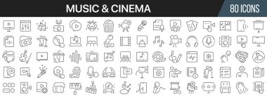 Müzik ve sinema koleksiyonu. Büyük UI simgesi düz dizayn edildi. İnce taslak simgeler paketi. Vektör illüstrasyonu EPS10