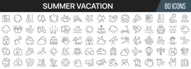 Yaz tatili ikonları koleksiyonu. Büyük UI simgesi düz dizayn edildi. İnce taslak simgeler paketi. Vektör illüstrasyonu EPS10