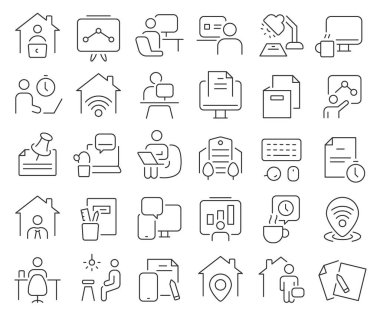 İş yeri çizgi simgeleri koleksiyonu. İnce taslak simgeler paketi. Vektör illüstrasyonu E10