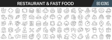 Restoran ve fast food ürünleri koleksiyonu. Büyük UI simgesi düz dizayn edildi. İnce taslak simgeler paketi. Vektör illüstrasyonu EPS10