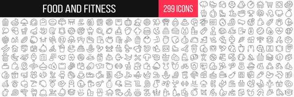 食品和健身线性图标收集 一大套299条细线条的黑色图标 矢量说明 — 图库照片