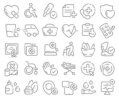 Tıbbi hat simgeleri koleksiyonu. İnce taslak simgeler paketi. Vektör illüstrasyonu E10