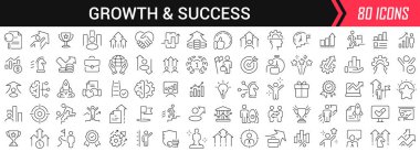 Büyüme ve başarı simgeleri siyah. Düz dizaynlı büyük UI simgeleri koleksiyonu. İnce tabela paketleri. Tasarım için büyük simgeler