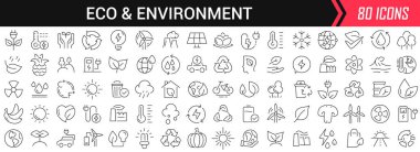 Siyahlı çevre ve eko doğrusal simgeler. Düz dizaynlı büyük UI simgeleri koleksiyonu. İnce tabela paketleri. Tasarım için büyük simgeler