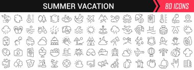 Yaz tatilinde siyahlar içinde doğrusal simgeler. Düz dizaynlı büyük UI simgeleri koleksiyonu. İnce tabela paketleri. Tasarım için büyük simgeler