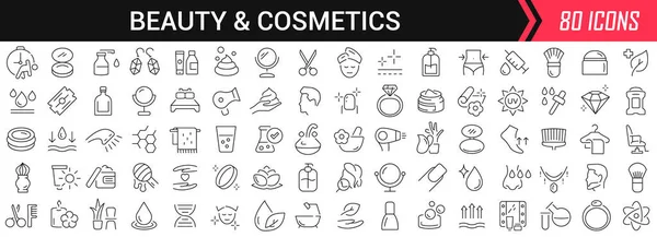 Beauty and cosmetics linear icons in black. Big UI icons collection in a flat design. Thin outline signs pack. Big set of icons for design