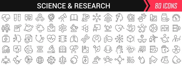 Iconos Lineales Ciencia Investigación Negro Colección Iconos Big Diseño Plano —  Fotos de Stock