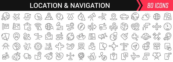 Location and navigation linear icons in black. Big UI icons collection in a flat design. Thin outline signs pack. Big set of icons for design