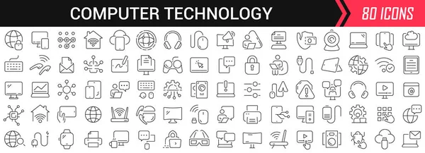 Линейные Иконки Компьютерной Техники Черном Большая Коллекция Плоском Дизайне Тонкие — стоковое фото