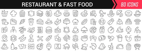 Restoran ve fast food lineer simgeleri siyah. Düz dizaynlı büyük UI simgeleri koleksiyonu. İnce tabela paketleri. Tasarım için büyük simgeler